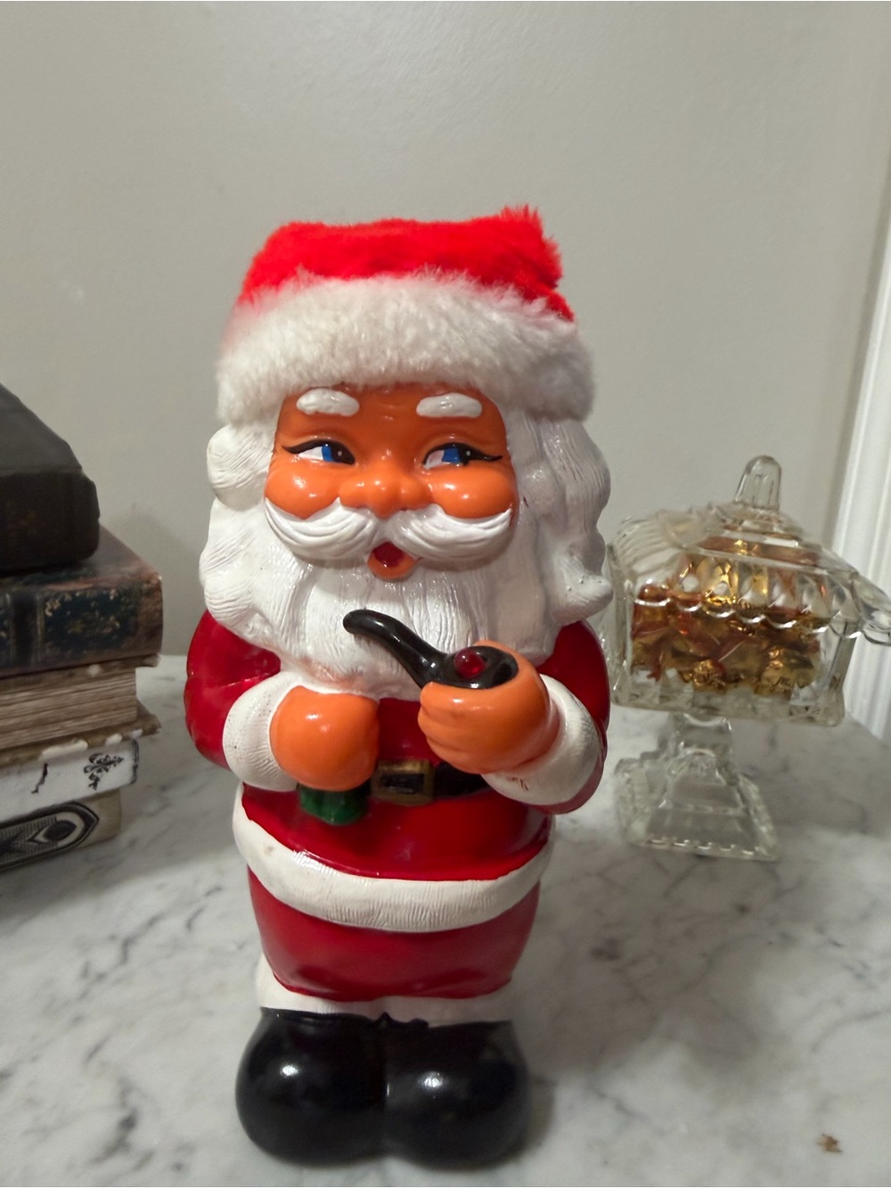Festive Red Santa Claus Figurine with Pipe Musical Working Bank